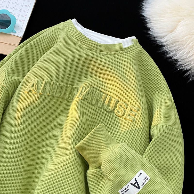 Áo sweater Giả Hai Lớp Tay Dài Cổ Tròn In Hình Quả Bơ Màu Xanh Lá Cây Nặng Hợp Thời Trang Cho Nam