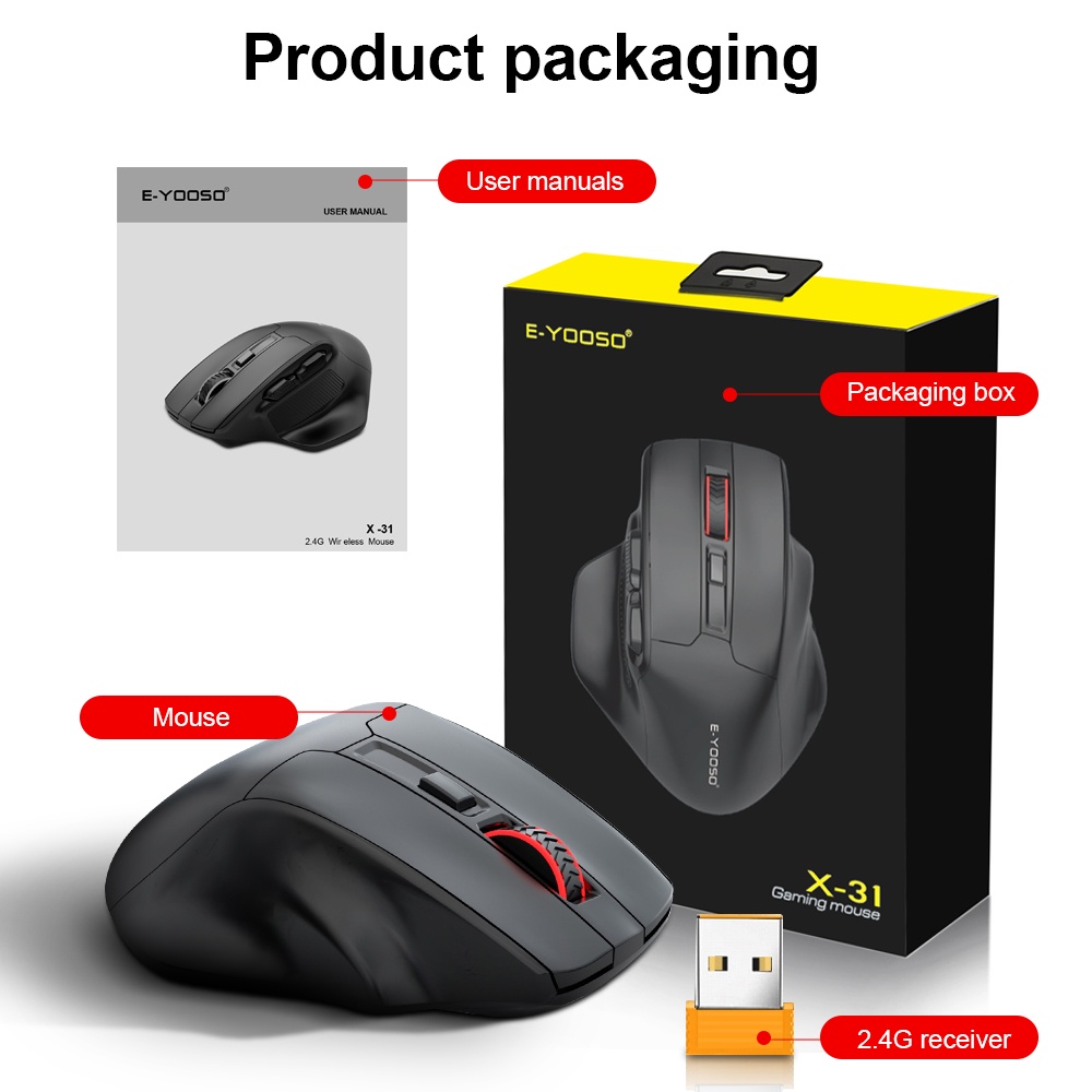 Chuột Gaming E-YOOSO X-31 USB 2.4G Không Dây, 3212 4800 DPI 5 NúT BấM Cho laptop / PC