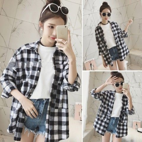 áo chống nắng áo khoác nắng ◇♦❀Áo Sơ Mi Nữ Dài Tay Sọc Caro Trắng Đen Thời Trang Hàn Quốc