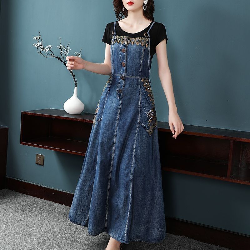 Đầm Yếm Denim Dài Thêu Họa Tiết Phong Cách Cổ Điển Thời Trang Cho Nữ