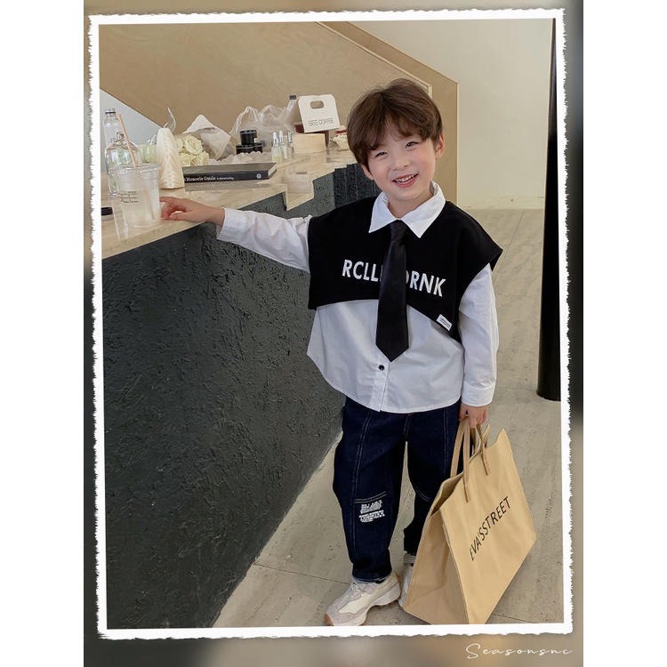 Set Áo Sơ Mi Tay Dài + Áo Khoác Ghi Lê Thời Trang Cho Bé Trai