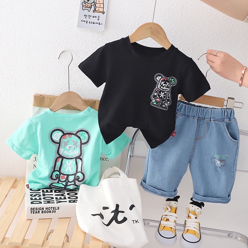 Set Áo Thun Tay Ngắn Cổ Tròn In Hình Gấu Hoạt Hình + Quần Short Denim Thời Trang Mùa Hè Cho Bé Kích Thước 80-120cm