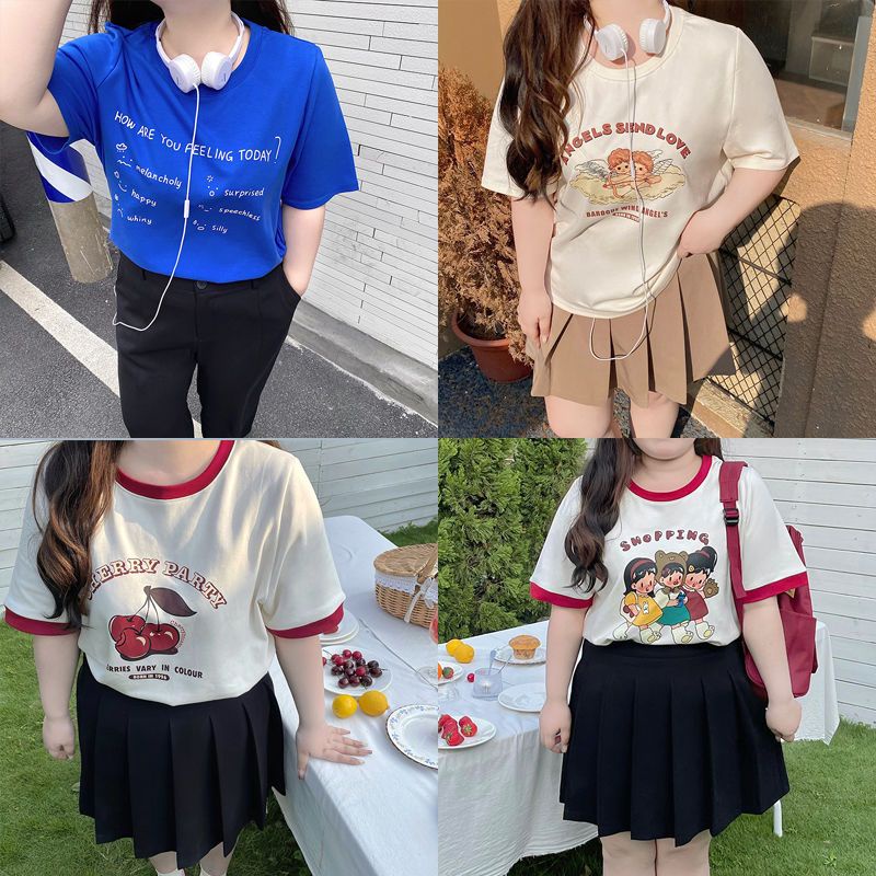 Áo Thun Tay Ngắn Dáng Rộng Cỡ Lớn 300KG 300KG Che Bụng In Họa Tiết Dễ Thương Thời Trang Mùa Hè Cho Nữ