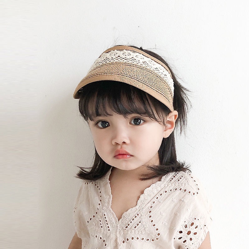 ✨Hàng Có Sẵn!✨ Mũ Cói Chống Nắng Hở Chóp Phối Ren Phong Cách Hàn Quốc Thời Trang Mùa Hè Cho Bé Gái
