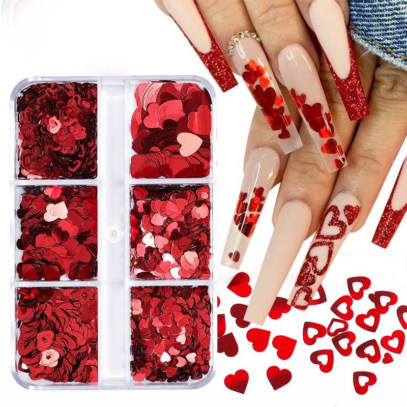 UR SUGAR Hộp 6 Ngăn Đựng Hạt Kim Sa Trái Tim Trang Trí Móng Tay