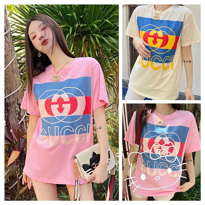 Áo Thun Tay Ngắn Kẻ Sọc Phối Màu Tương Phản In Chữ Gucci Cá Tính Cho Nam Và Nữ