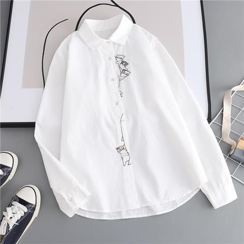 Áo Sơ Mi Tay Dài Vải Cotton Thêu Hình Mèo Thời Trang Xuân Thu Cho Nữ