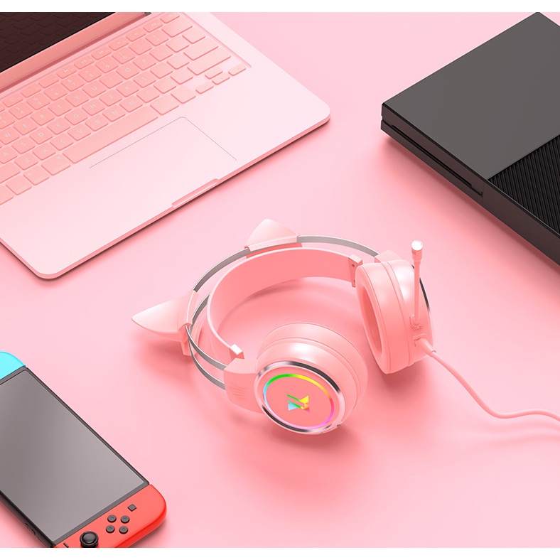 Tai Nghe Chụp Tai Màu Hồng Có Mic Hình Tai Mèo Dễ Thương Cho PC Laptop