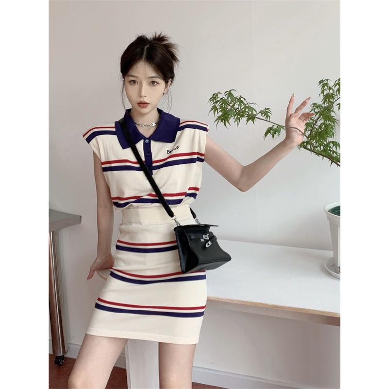Bộ Áo Thun Dệt Kim Không Tay / Chân Váy Lưng Cao Kẻ Sọc Thời Trang Mùa Hè Hàn Quốc 2023chic