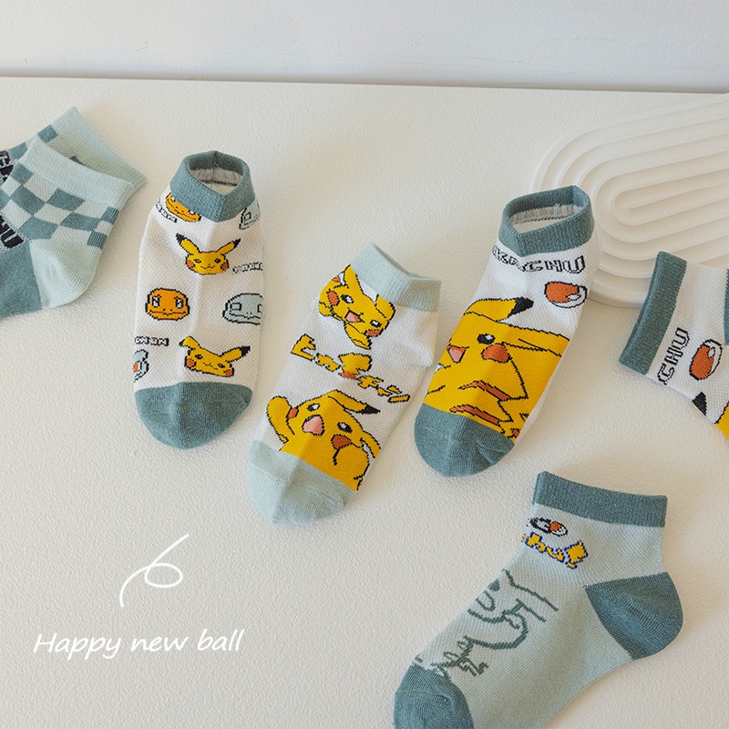 Set 5 Đôi Vớ Cotton Mềm Mại In Họa Tiết Hoạt Hình Pokemon Đáng Yêu Dành Cho Các Bé