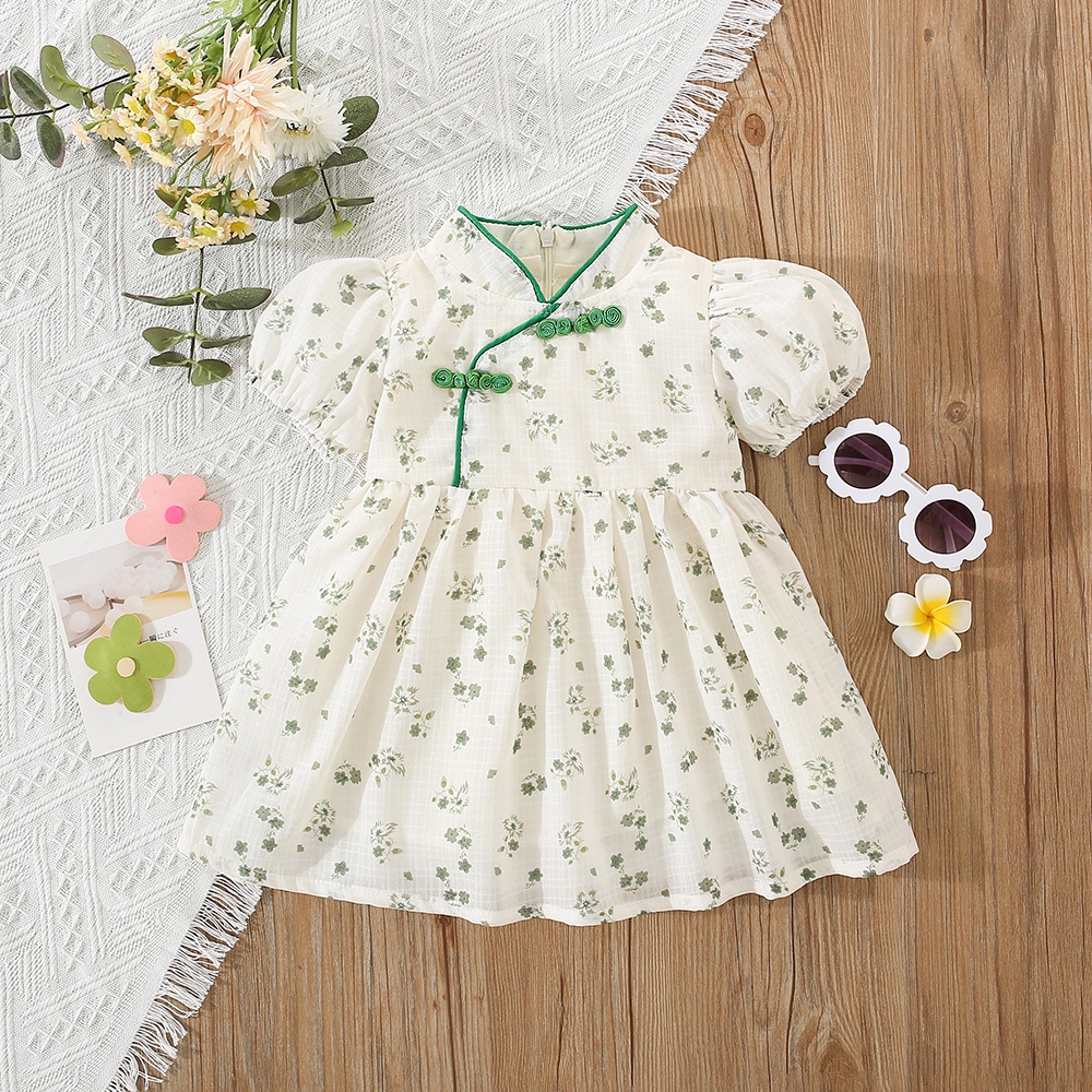 Đầm Sườn Xám Ngắn Tay Hai Lớp Họa Tiết Hoa Mẫu Mới Thời Trang Mùa Hè Dành Cho Bé Gái 1-3 Tuổi