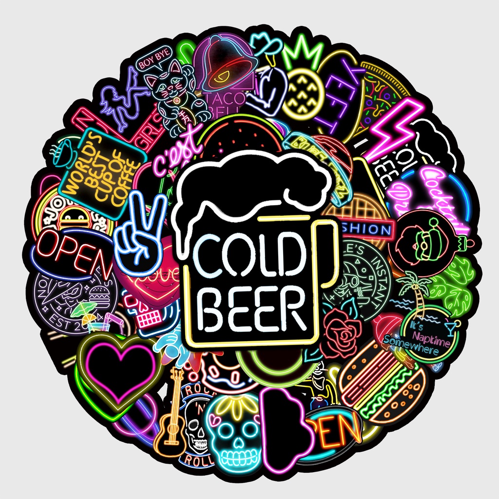 Bộ 50 Miếng Dán Họa Tiết Hoạt Hình Màu Neon Chống Thấm Nước Độc Đáo Trang Trí Nhà Cửa DIY