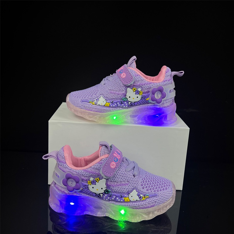 Giày Thể Thao Lưới Thoáng Khí Có Đèn LED Hình Hello Kitty Dễ Thương Cho Bé Gái