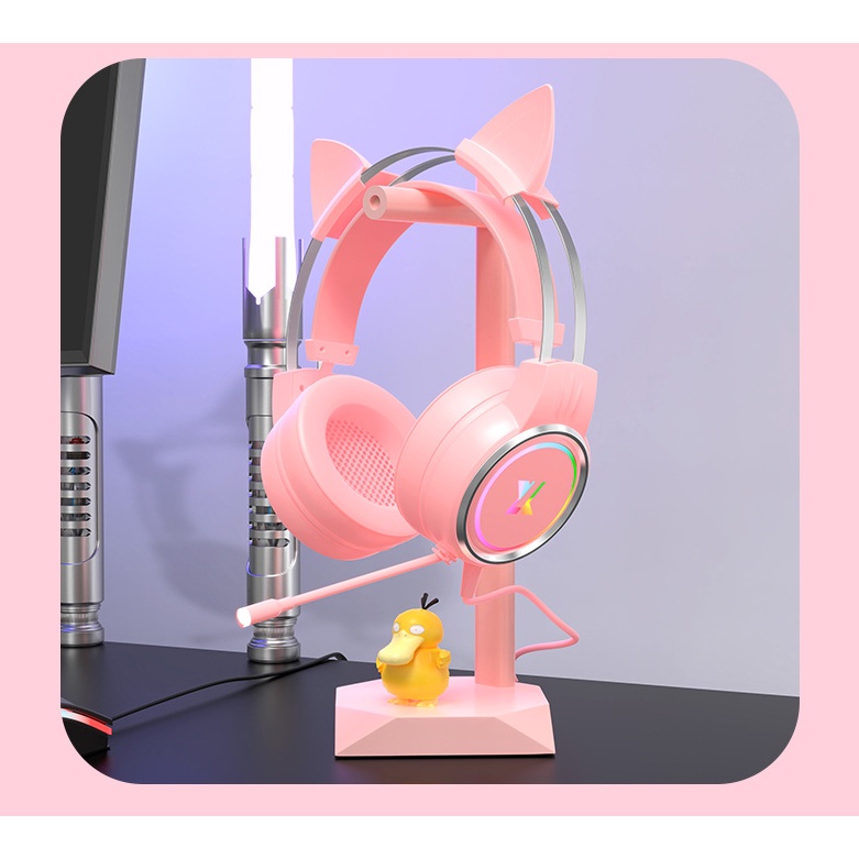 Tai Nghe Chụp Tai Màu Hồng Có Mic Hình Tai Mèo Dễ Thương Cho PC Laptop