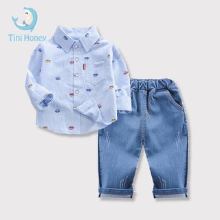 Set đồ 2 món gồm áo sơ mi tay dài + quần denim cho bé