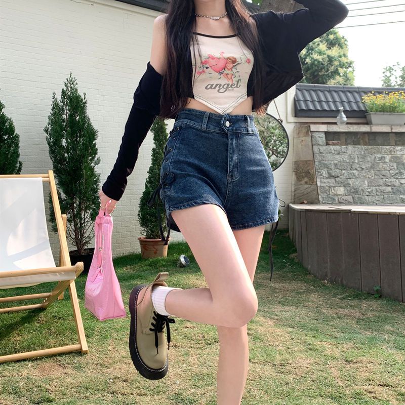 Jiashucheng Quần Short Denim Lưng Cao Dáng Rộng Cột Dây Phong Cách Mới Mùa Hè Dễ Phối Đồ Cho Nữ