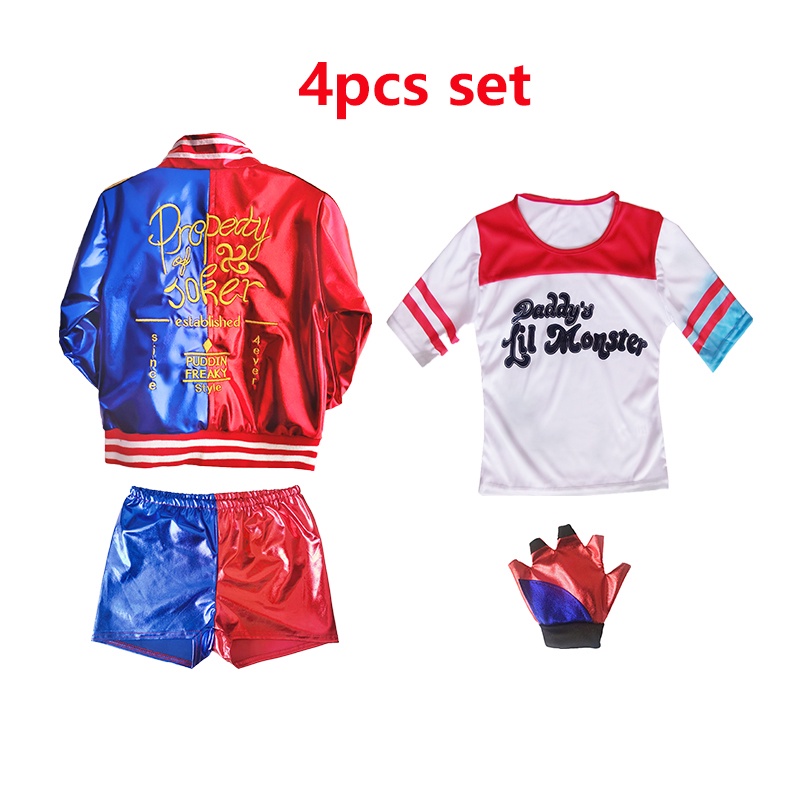 Cô gái trưởng thành Phụ nữ Harley Quinn Trang phục Cosplay Suicide Squad Jacket Harley Quinn Áo thun thêu ngắn in giản dị
