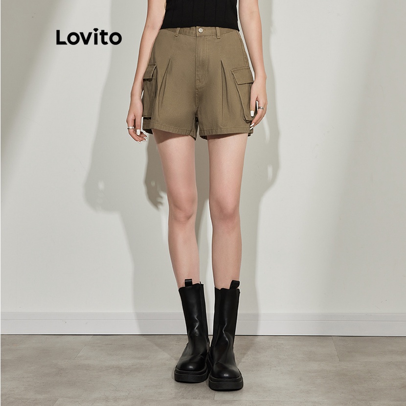 Quần short LOVITO denim cotton có túi màu trơn thường ngày dành cho nữ L45AD058 (màu xanh lá quân đội)