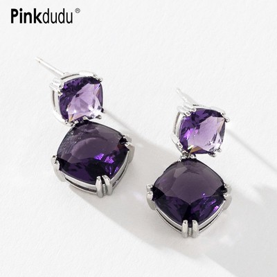 Khuyên tai PINKDUDU PD655 mạ bạc đính đá zircon tím vuông nhân tạo thời trang dành cho nữ