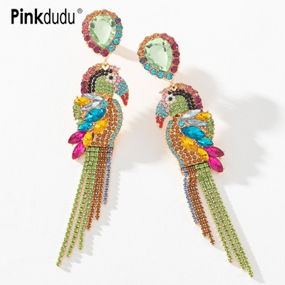 Khuyên tai PINKDUDU PD208 dáng dài tua rua đính đá pha lê nhân tạo nhiều màu sắc thời trang độc đáo cho nữ