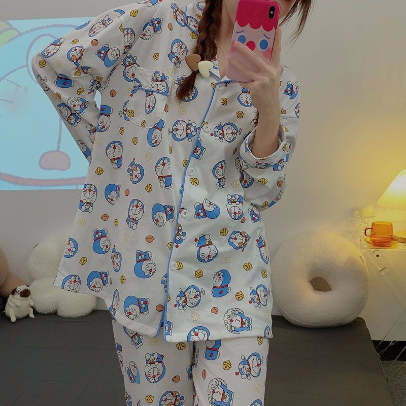 Bộ Đồ Ngủ Tay Dài in Hình Doremon Phong Cách Nhật Bản Thời Trang Xuân Thu Cho Nữ