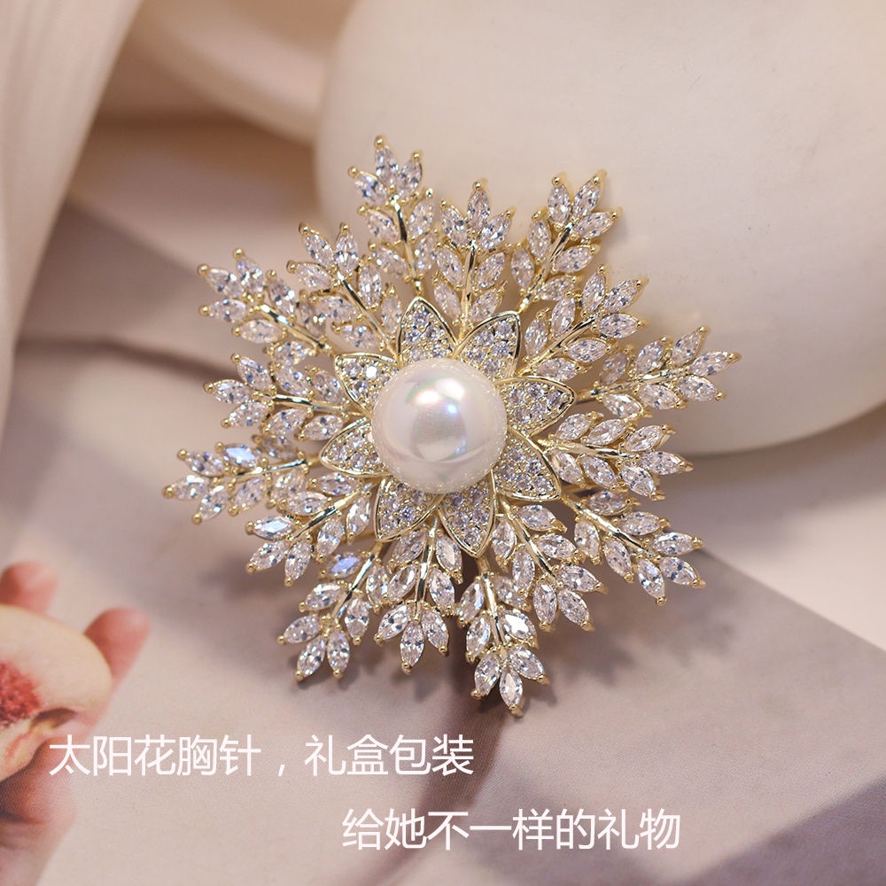 Ghim Cài Áo Hình Hoa Tuyết Đính Đá zircon Ngọc Trai Cao Cấp Phong Cách Hàn Quốc