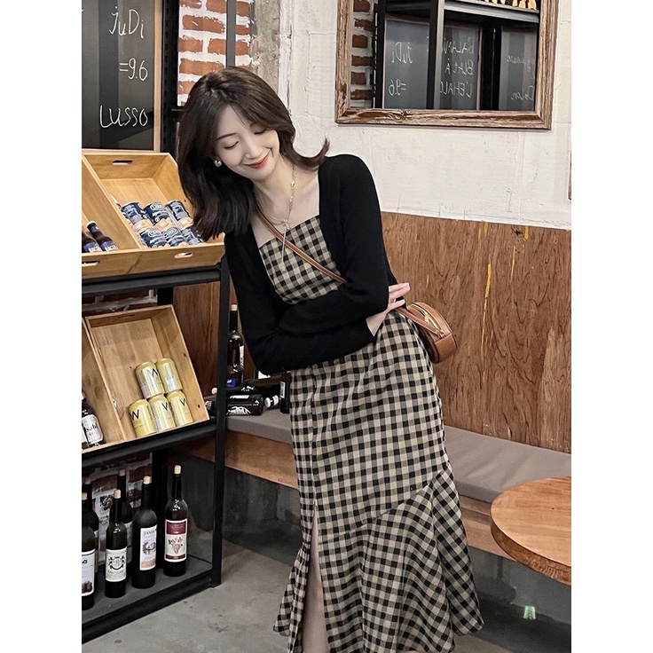 Set Đầm Hai Dây Và Áo Khoác Cardigan Họa Tiết Sọc Caro Phong Cách Pháp Dễ Phối Đồ