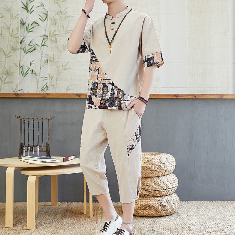 Bộ áo thun nam ngắn tay cotton lanh thoải mái M-5XL phong cách Trung Quốc trang phục nam rộng rãi Tang trang phục nam quần bảy tấc bộ hai chiếc