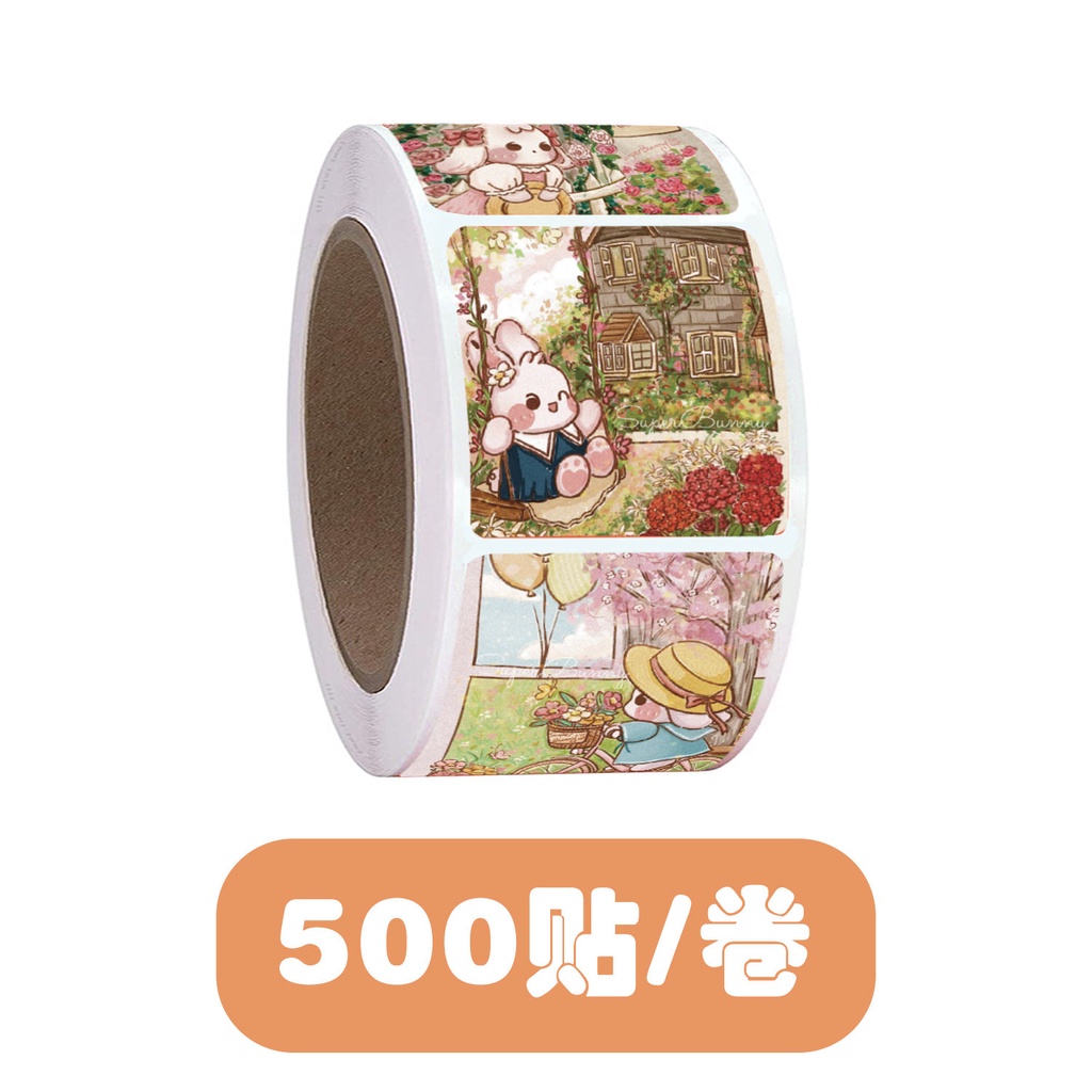 1 Cuộn / 500 Sticker Thỏ Hoạt Hình Dán Trang Trí Nhật Ký
