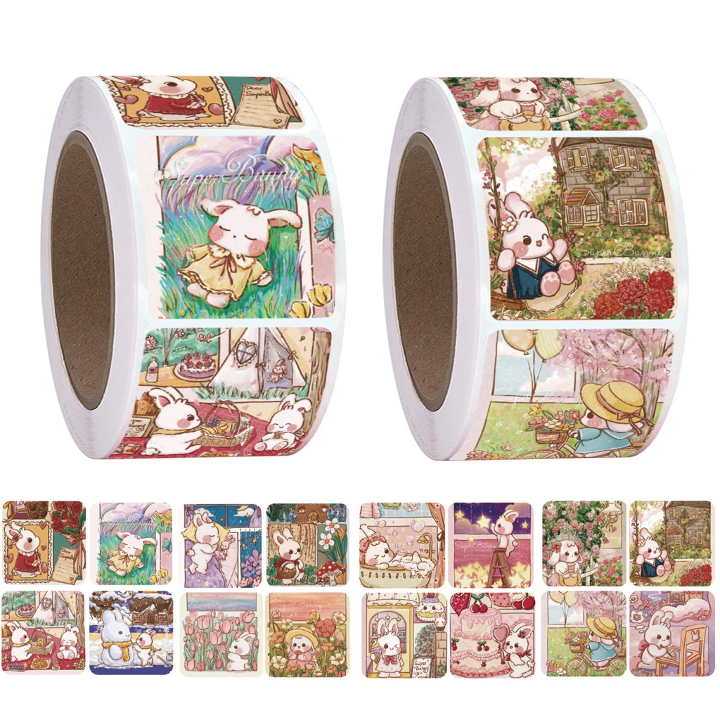 1 Cuộn / 500 Sticker Thỏ Hoạt Hình Dán Trang Trí Nhật Ký