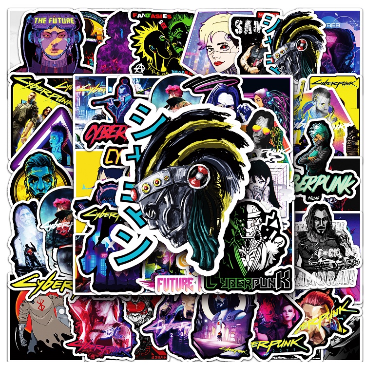 Bộ 50 Miếng Dán Trang Trí Xe Hơi / Nhà Cửa Hình Cyberpunk Vui Nhộn Chống Thấm Nước