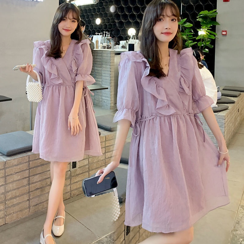 Hàng Mới Về Đầm Bầu Dáng Rộng Cổ Chữ V Màu Tím Thời Trang Mùa Hè