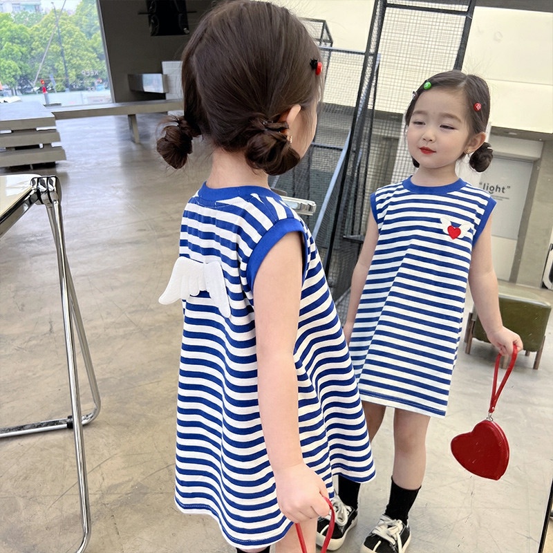 Đầm Sát Nách Kẻ Sọc Đính Cánh Trái Tim Phong Cách Đường Phố Hàn Quốc Thời Trang Mùa Hè Cho Bé Gái