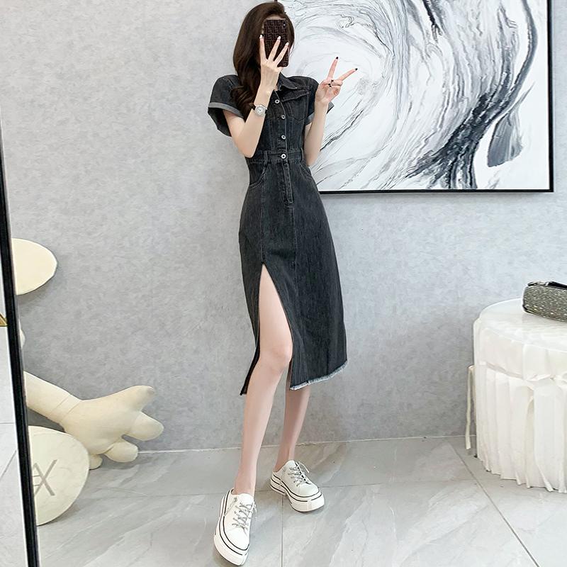 Đầm Denim Cổ polo Dáng Dài Xẻ Tà Thời Trang Mùa Hè Hàng Mới Dành Cho Bạn Nữ