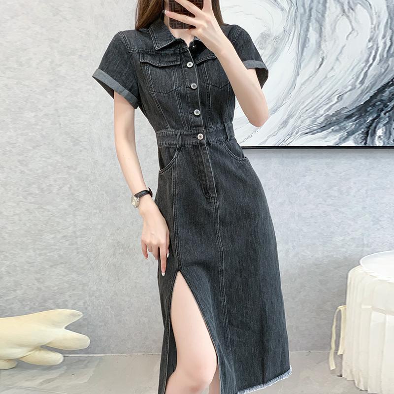 Đầm Denim Cổ polo Dáng Dài Xẻ Tà Thời Trang Mùa Hè Hàng Mới Dành Cho Bạn Nữ