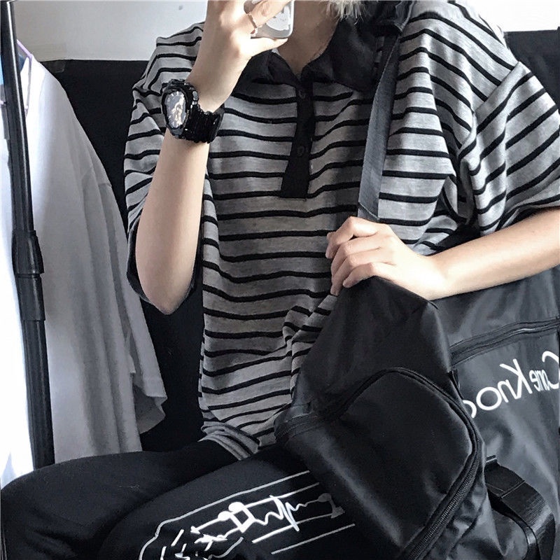 Áo polo Tay Ngắn Dáng Rộng Họa Tiết Kẻ Sọc Thời Trang Mùa Hè Phong Cách Hàn Quốc Mới Cho Nữ