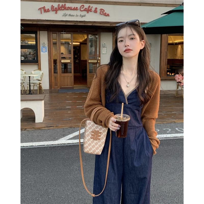 Bộ Áo Liền Quần Denim Dáng Rộng Lưng Cao Phong Cách Hàn Quốc Cổ Điển Thời Trang Xuân Thu Hàng Mới Dành Cho Bạn Nữ
