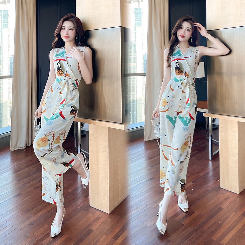 Bộ Áo Liền Quần Vải Voan Mỏng Không Tay Lưng Cao Ống Rộng Thời Trang Mùa Hè Cho Nữ