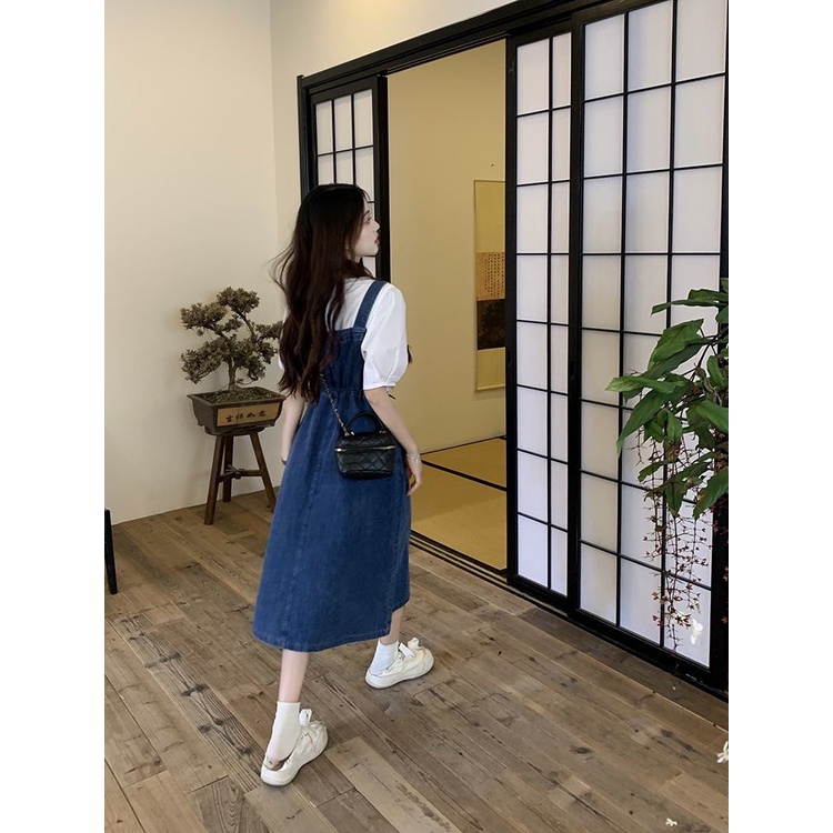 Bộ Áo Sơ Mi Tay Phồng In Họa Tiết Dâu Tây + Chân Váy Yếm Denim Phong Cách Pháp Cổ Điển Thời Trang Mùa Xuân Cho Nữ
