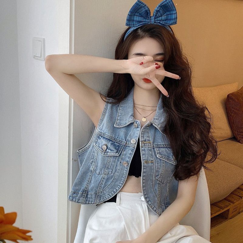 【Zbus】 áo khoác croptop nữ jean áo khoác jean nữ croptop  áo khoác jean croptop  áo khoác ngắn áo vest croptop  Áo Khoác Denim Ngắn Không Tay Lưng Cao Thời Trang Mùa Hè Dành Cho Nữ