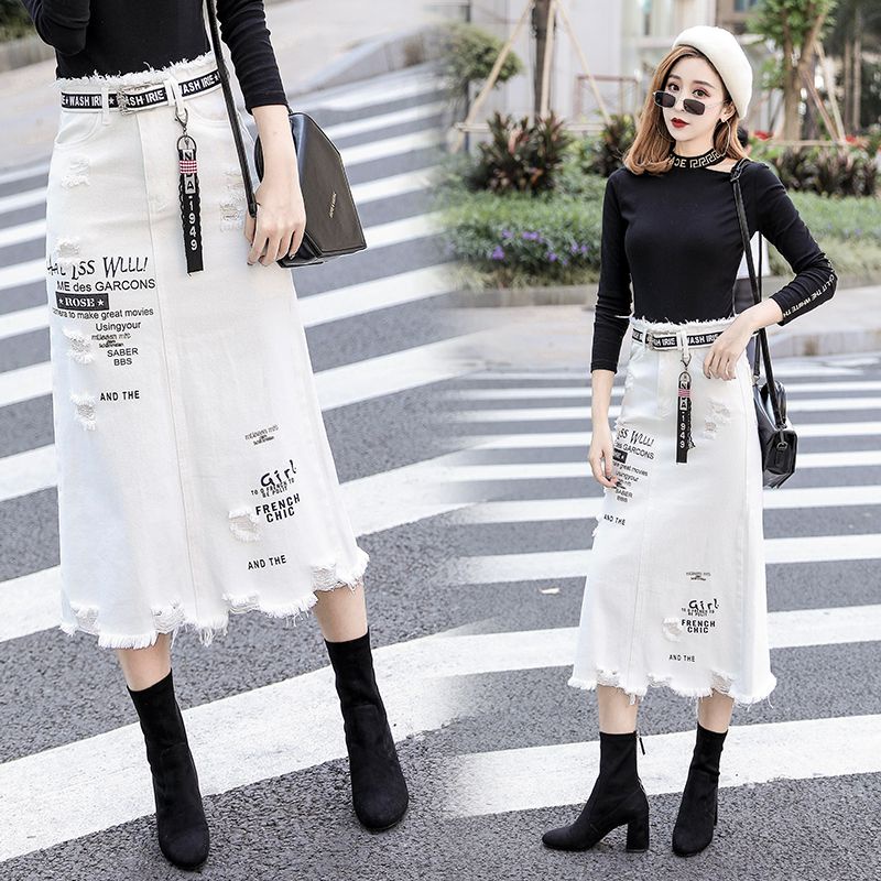 Chân Váy Denim Dài Màu Trắng Dáng Rộng Phong Cách Châu Âu Thời Trang Xuân Thu Hàng Mới