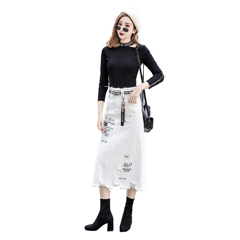 Chân Váy Denim Dài Màu Trắng Dáng Rộng Phong Cách Châu Âu Thời Trang Xuân Thu Hàng Mới