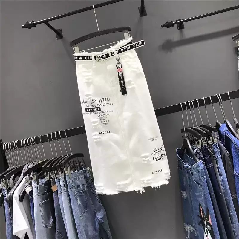 Chân Váy Denim Dài Màu Trắng Dáng Rộng Phong Cách Châu Âu Thời Trang Xuân Thu Hàng Mới