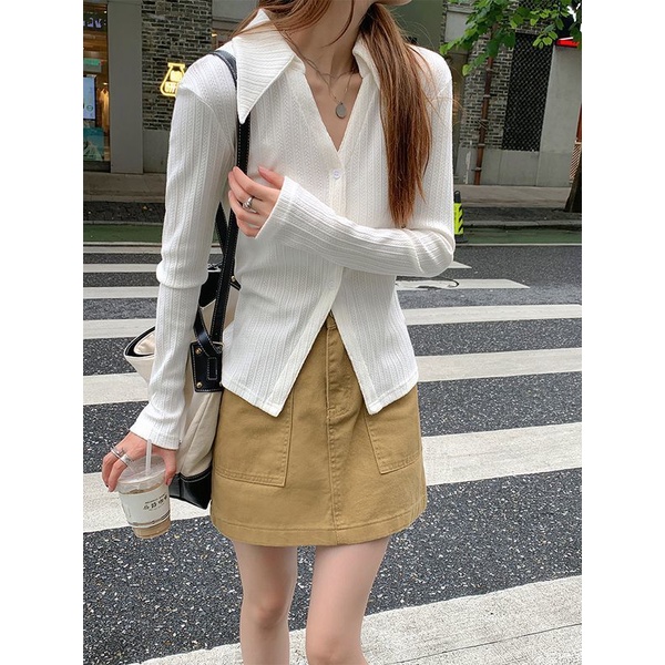 Áo Sơ Mi Off-white Tay Dài Dáng Ôm Cổ Chữ V Họa Tiết Kẻ Sọc Thời Trang Mùa Thu Mới Cho Nữ