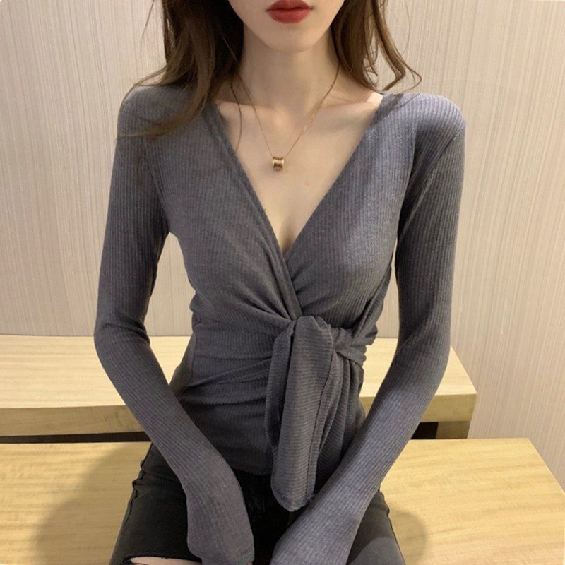 Áo Thun Tay Dài Cổ Chữ V Cột Dây Màu Trơn Phong Cách Mới Mùa Thu Cho Nữ