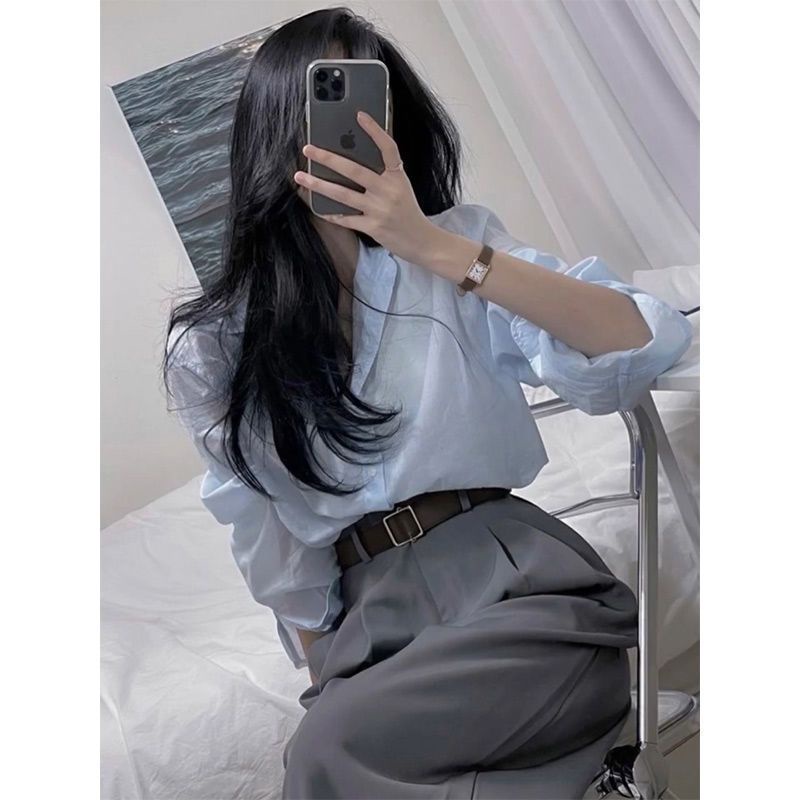 Salt Bộ Áo Sơ Mi Xám Dáng Ôm + Quần Dài Thẳng Thời Trang Xuân Thu 2023 Cao Cấp Dành Cho Nữ 4.8