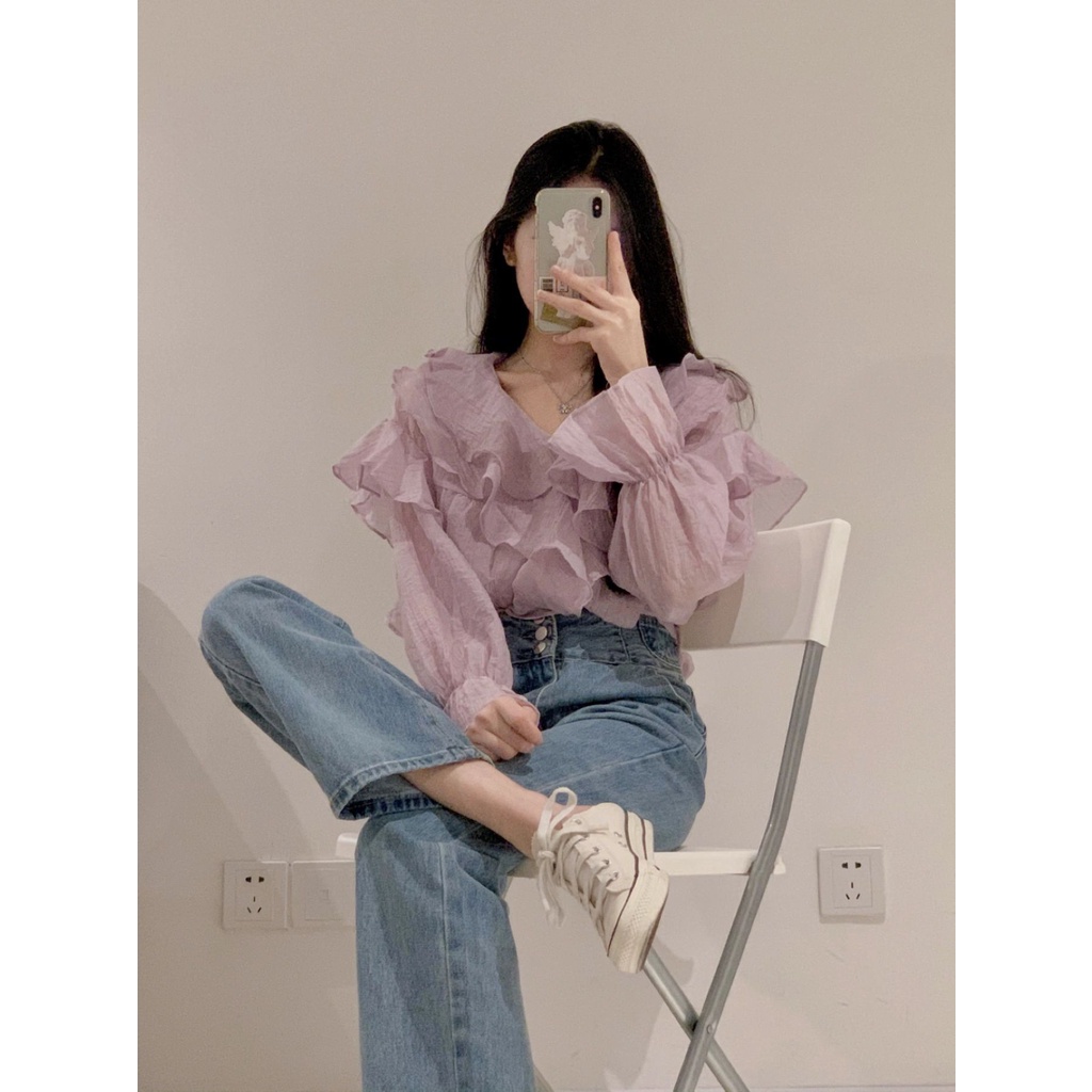 Áo Sơ Mi Chiffon Tay Dài Màu Tím Phong Cách Pháp Thời Trang Mùa Xuân 2023 Cho Nữ