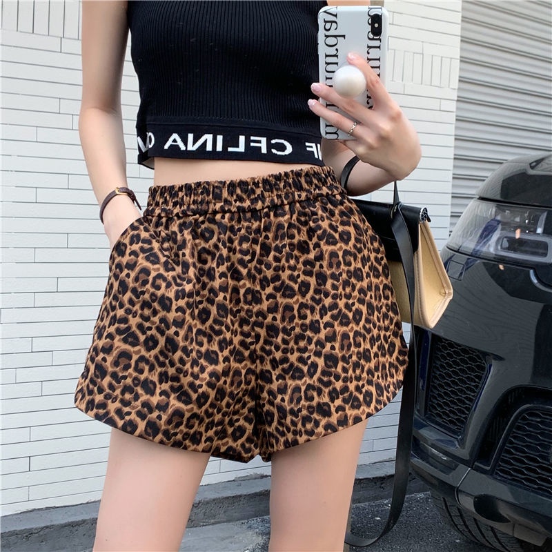 Jiashucheng Quần Short Thể Thao Nữ Lưng Cao Ống Rộng Họa Tiết Da Báo Thời Trang