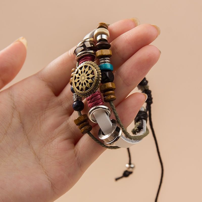 Vòng Tay Da Bò Xỏ Hạt Phong Cách Dân Tộc Cổ Điển Có Thể Điều Chỉnh Dành Cho Cặp Đôi