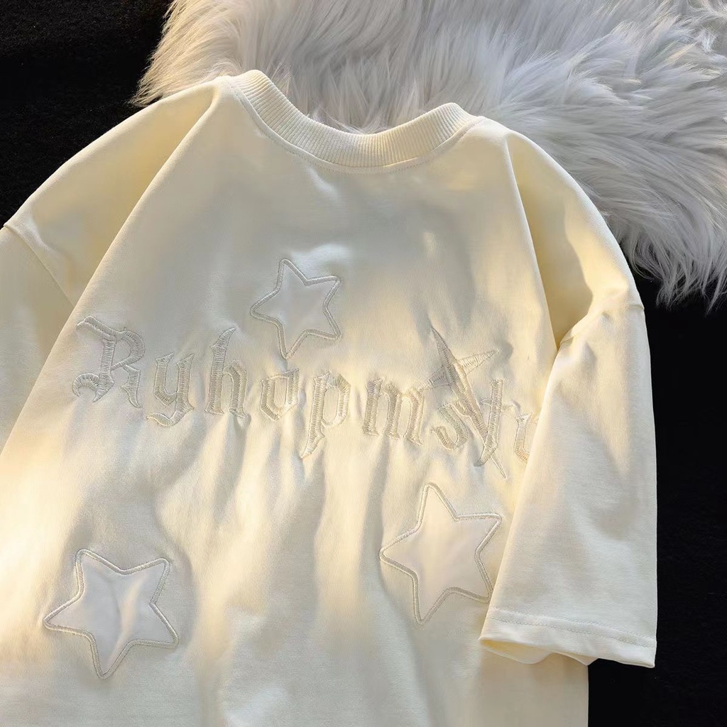 Áo Thun 100% Cotton Tay Ngắn Dáng Rộng Thêu Họa Tiết Thời Trang Mùa Hè Cho Nữ
